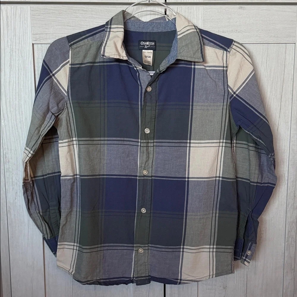 OshKosh B'gosh Navy, Green & Cream Plaid Button-Down Shirt